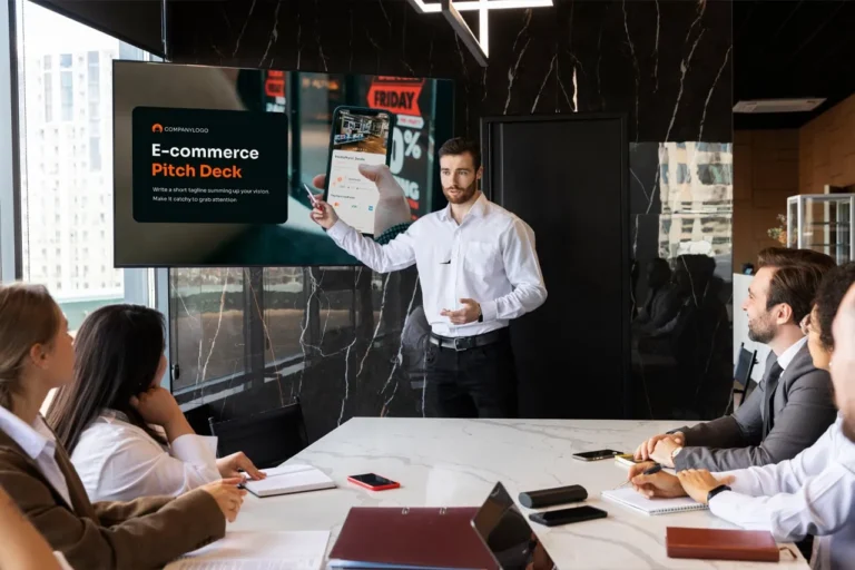 A man presenting an e-commerce pitch deck to drive business growth
