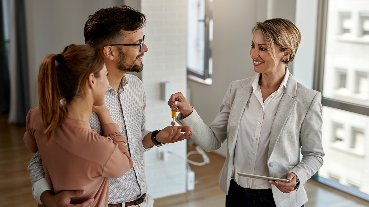 Real estate agent confidently presents