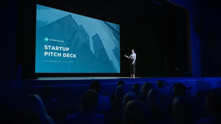 Startup founder pitching to investors with a winning pitch deck