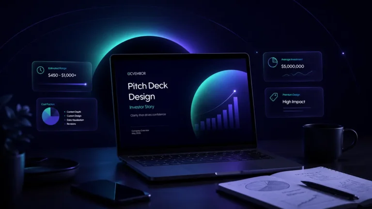 Pitch deck design cost — professional workspace with investor slides